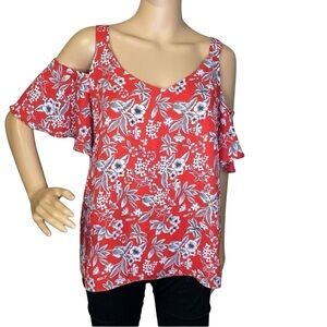 Emma & Olivia Cold Short Flutter Sleeve Floral Blouse Orange White Black Large